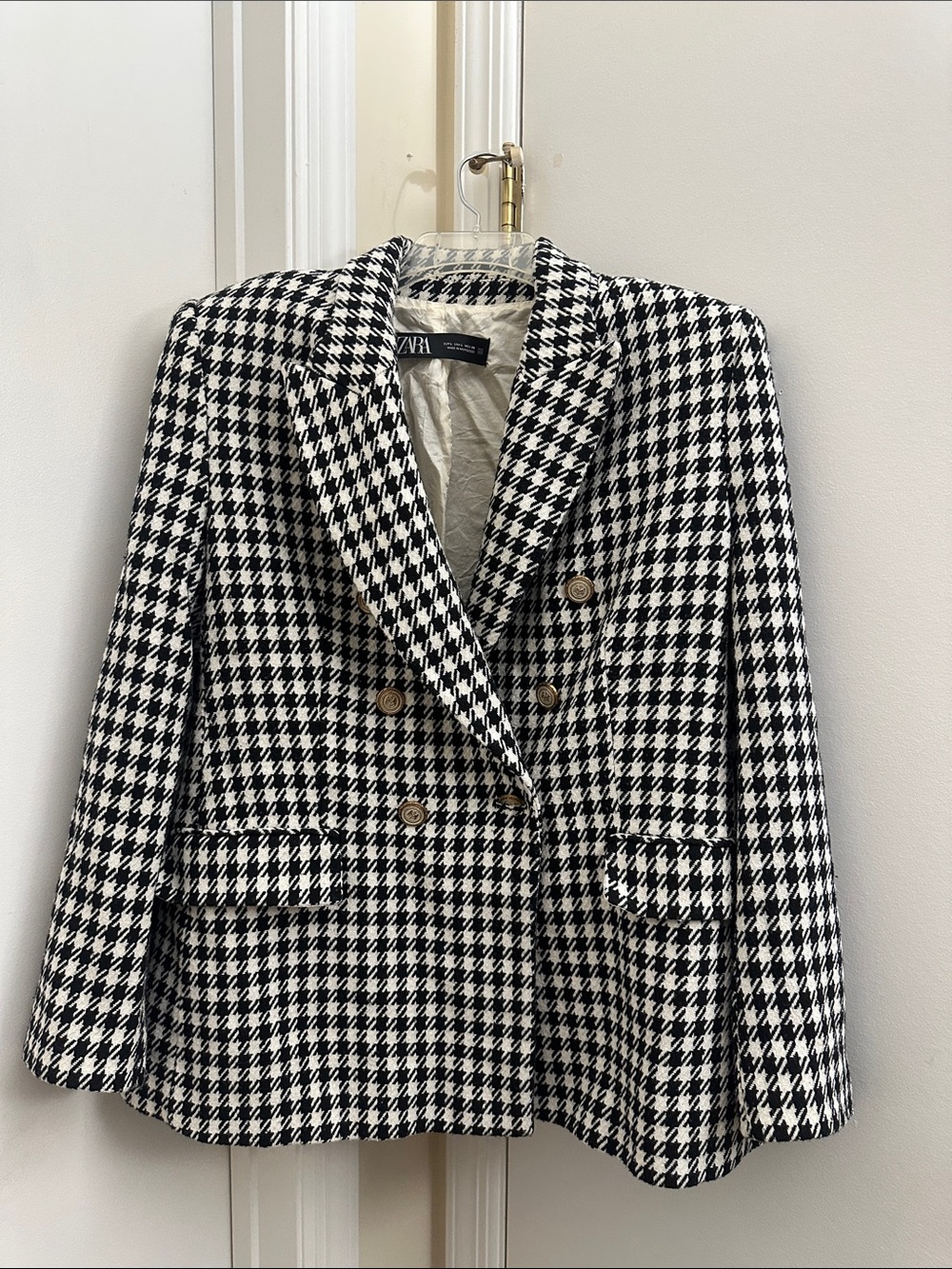 Zara Black and White Houndstooth Double-Breasted Blazer